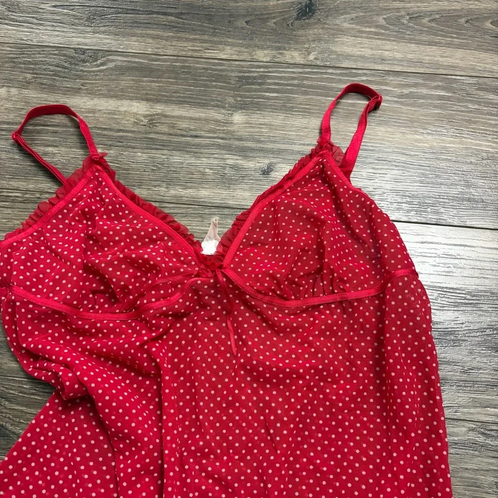 80s/90s European Vintage Polka Dot Mini Slip Dress Lace & Bows (Red/White)Size M